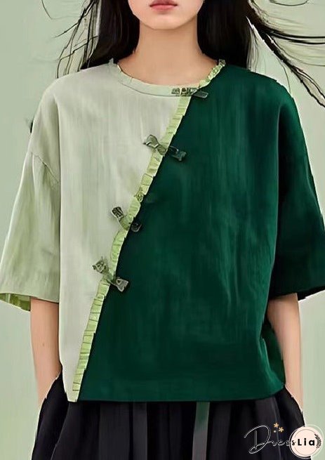 Green Patchwork Linen Blouses Chinese Button Wrinkled Summer