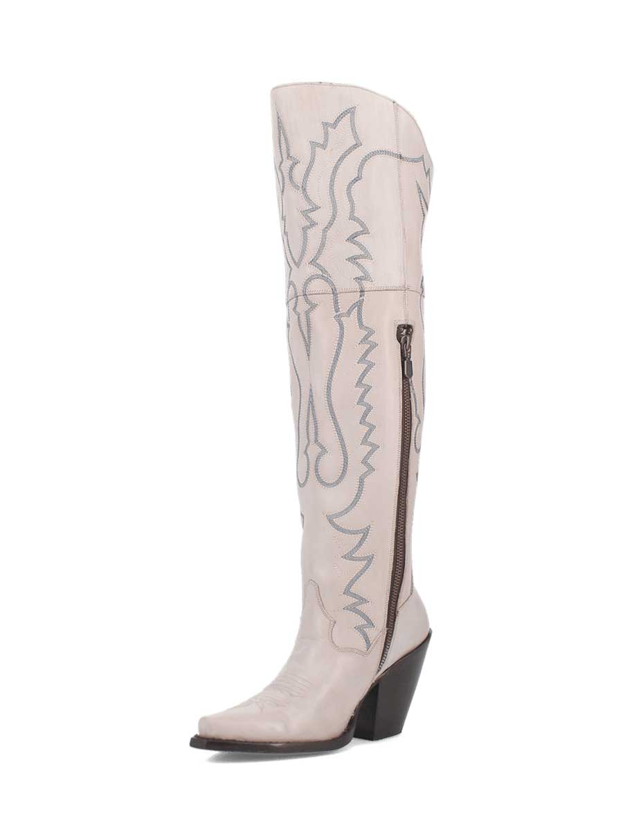 Beige Snip Toe Chunky Heel Knee High Boots for Women with Side Zipper