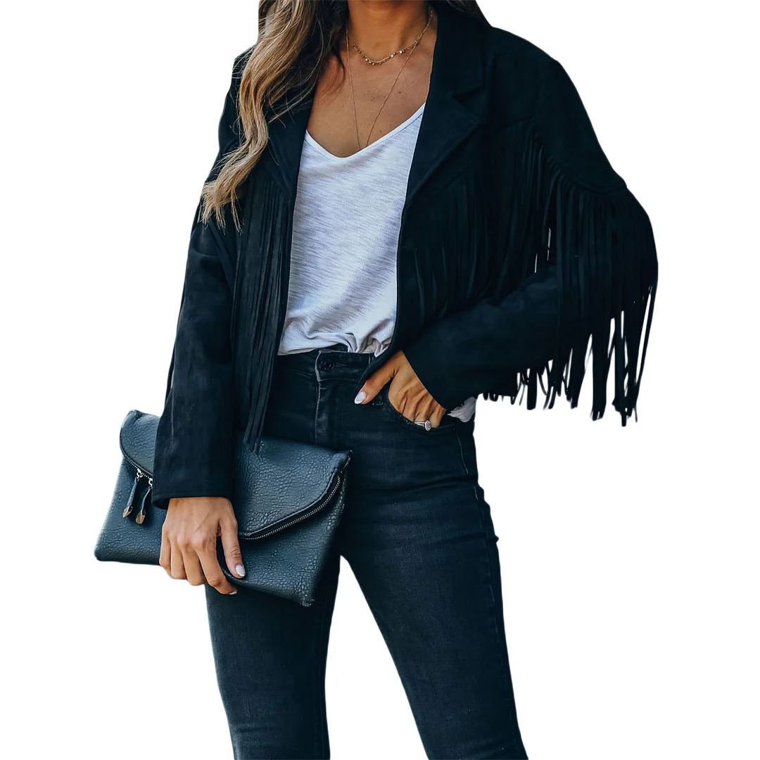 Uveng Spring Women's Clothes Short Coat Solid Color Collared Jacket With Tassels Long Sleeve Open Front Coat Streetwear Y2k