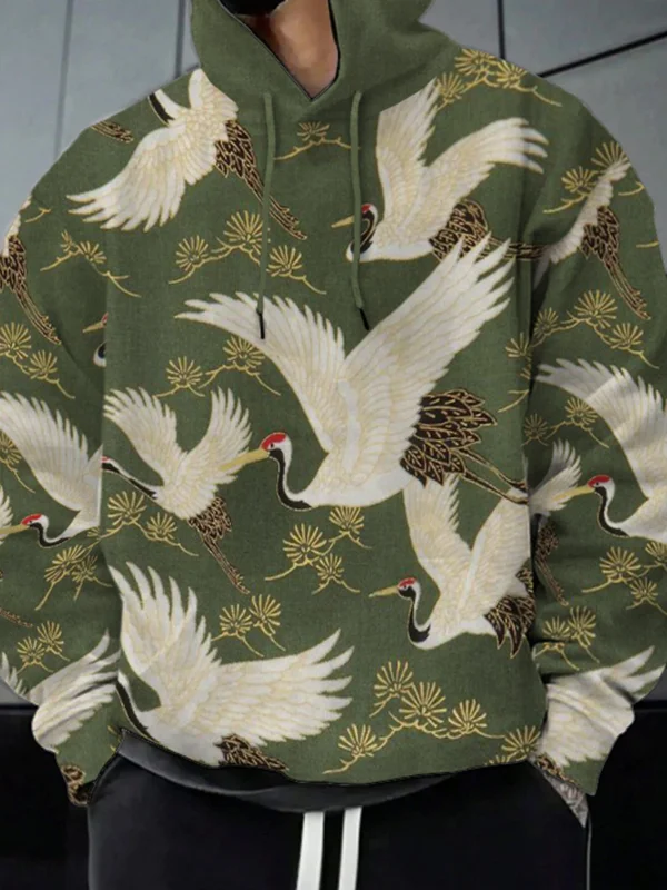 Men's Japanese Cranes Leaves Art Print Casual Hooded Sweatshirt