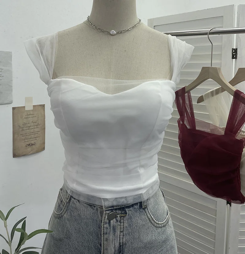 Breakj Real-Spat Thai-Style Small Design Mesh Yarn Draw-Folded Breast Sling Sling With Bra Cushion Short Sleeveless Top 8022