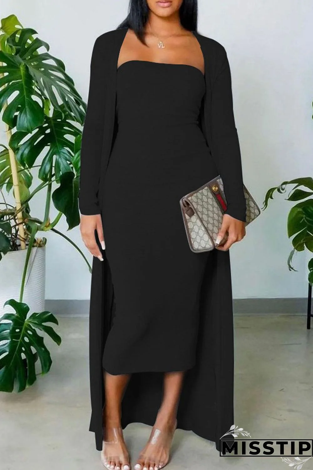 Black Casual Solid Patchwork Strapless Long Sleeve Two Pieces