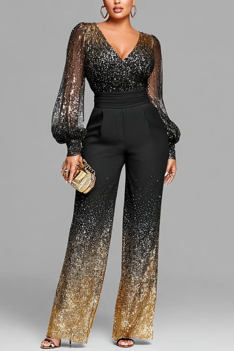 Xpluswear Design Plus Size Cocktail Party Black Gradient V Neck Long Sleeve Pocket Elegant Sequin Jumpsuits [Pre-Order]