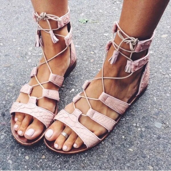 TAAFO Pink Gladiator Open Toe Flats Fringe Strappy Women's Sandals Roman Style Outside Dress Ladies  Shoes