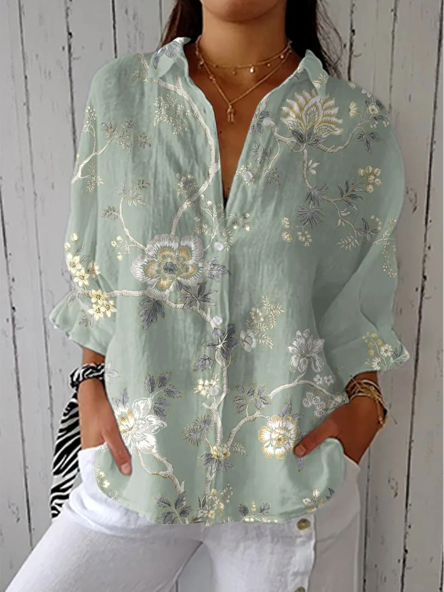 Women's  Vintage Flower Art Print Casual Linen V-neck Shirt