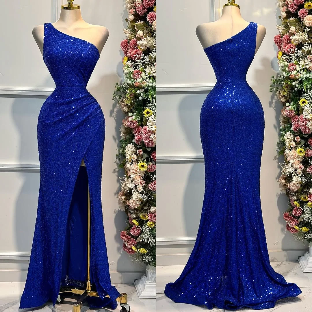 Elegant One-Shoulder Sequins Royal Blue Split Evening Dress ZT0436