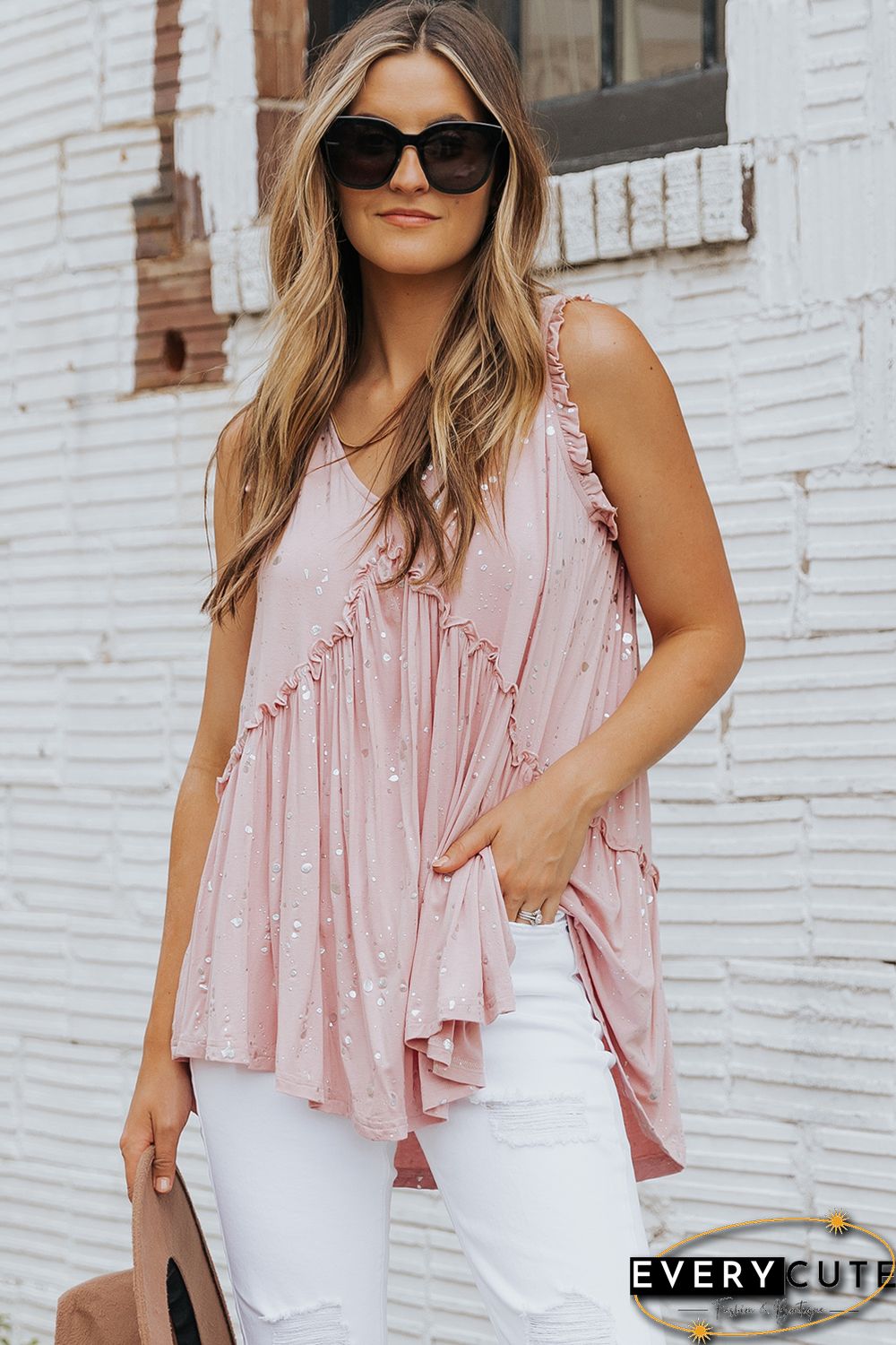 Pink Foil Splatter Drops Ruffled Flowy Tank