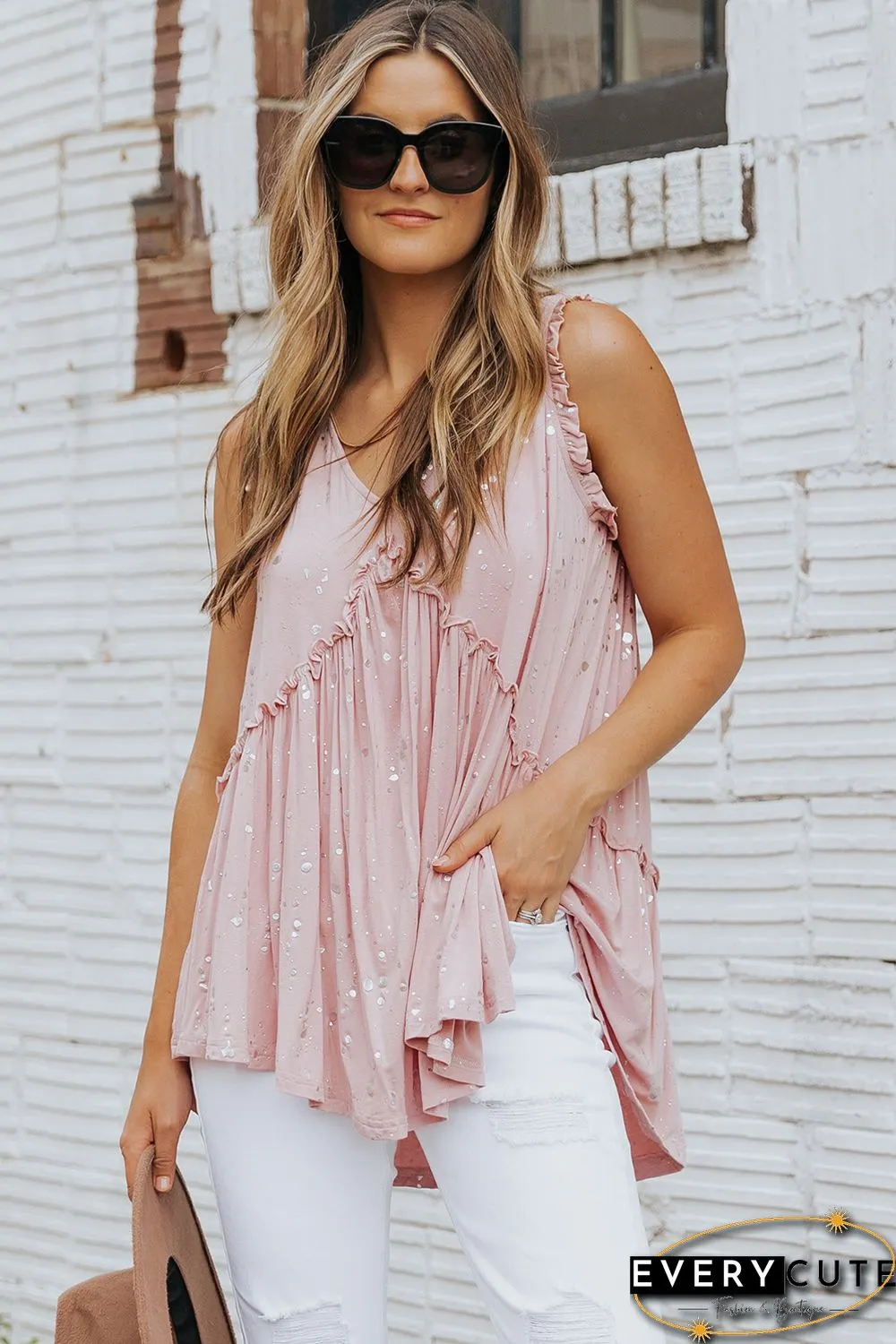 Pink Foil Splatter Drops Ruffled Flowy Tank