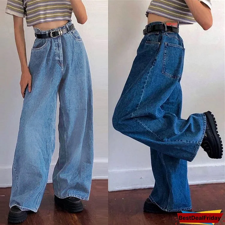 New European And American Women'S Fashion Jeans Wide Leg Pants Classic High Waist Denim Big Flared Trousers For Female Plus Size