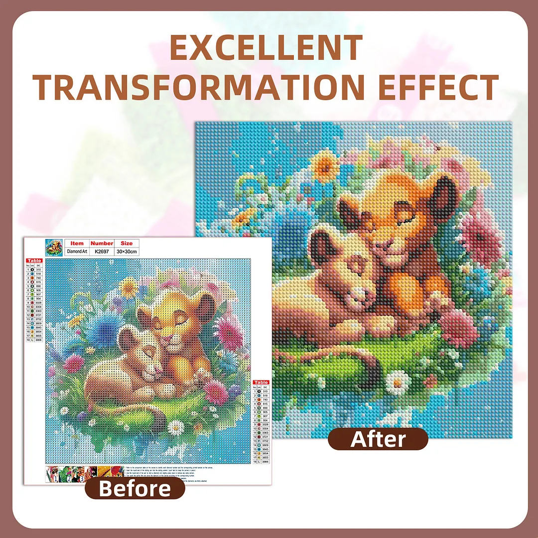 Cartoon Lions Full DIY 5D Round Drill Diamond Paintings Picture Arts Craft for Adults/Beginners Gift Idea Home Wall Decor Diamond Crystal Rhinestones Painting Kits 11.7x11.7In