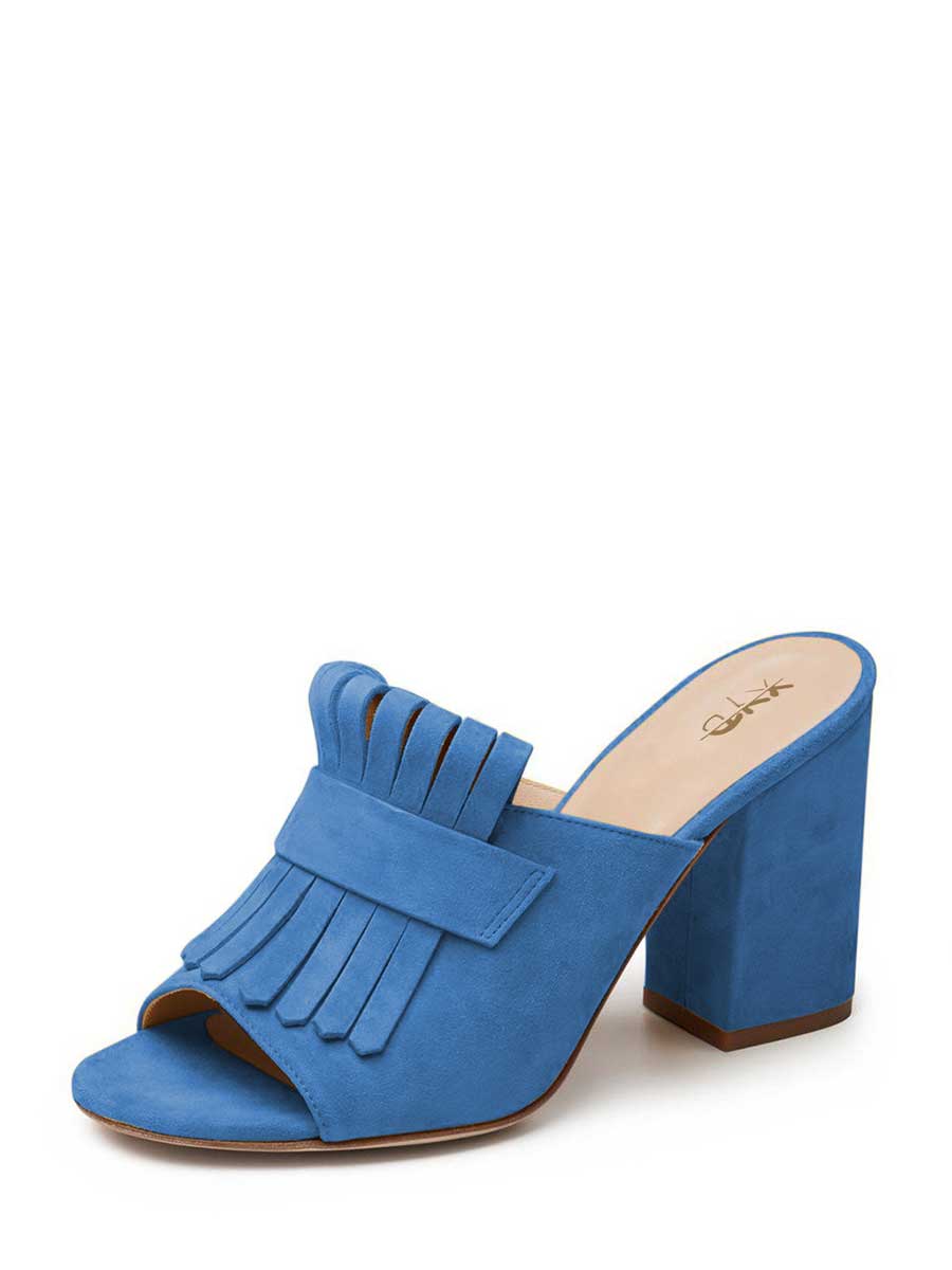 Faux Suede Round Toe Fringe Wide Band Chunky Heel Mules in Red