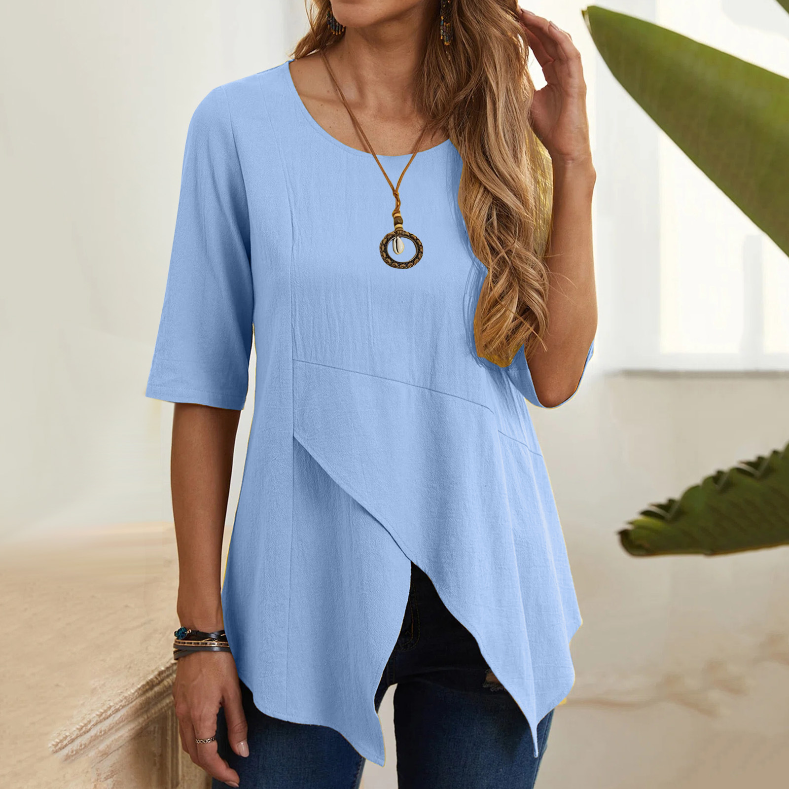 Women's Irregular Round Neck Slim Cotton Linen T-shirt