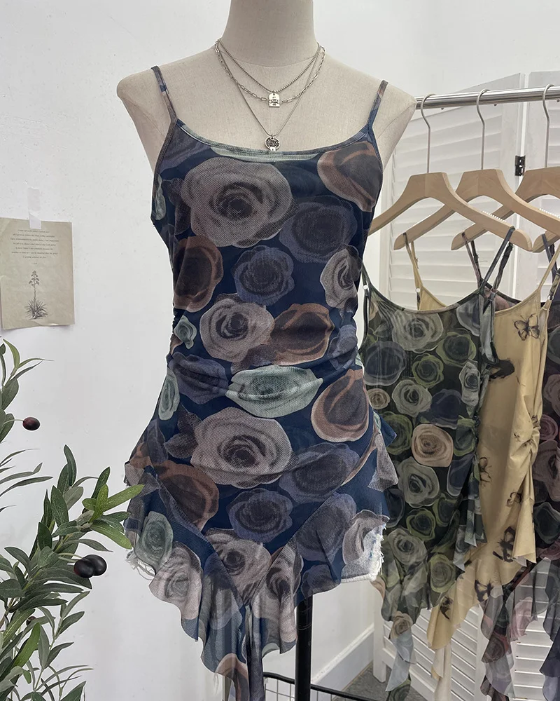 Uveng 辣bab Net Yarn Print Small Sling Vest Tidly Tidly Ribbon Ribbon Leaves Edge Sleeveless Top 9970