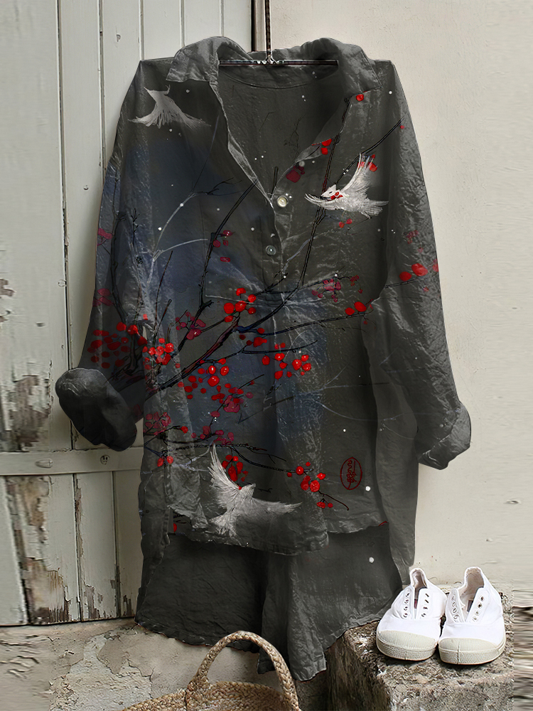 Comstylish Women's Japanese Art Red Plum And Birds Linen Blend High Low Tunic