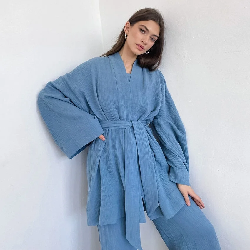 Graduation Gifts Cotton Sleepwear Women Pajama Robe Sets Flare Sleeve Nightgown Set Woman 2 Pieces Robes Woman Lace Up Casual Trouser Suits