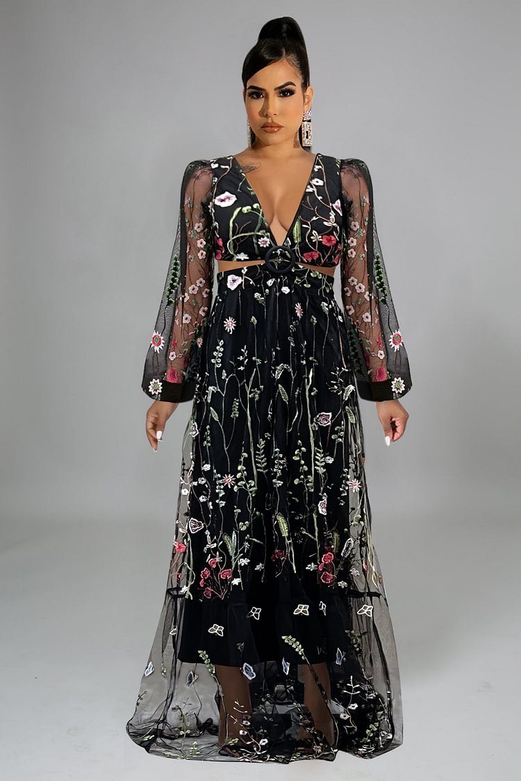 Embroidered V Neck Sheer Mesh Long Sleeve Prom Maxi Dresses