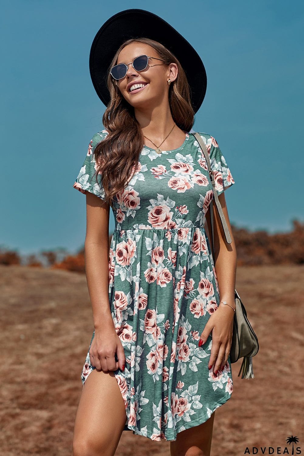 Floral Print Short Sleeve Pleated Mini Dress