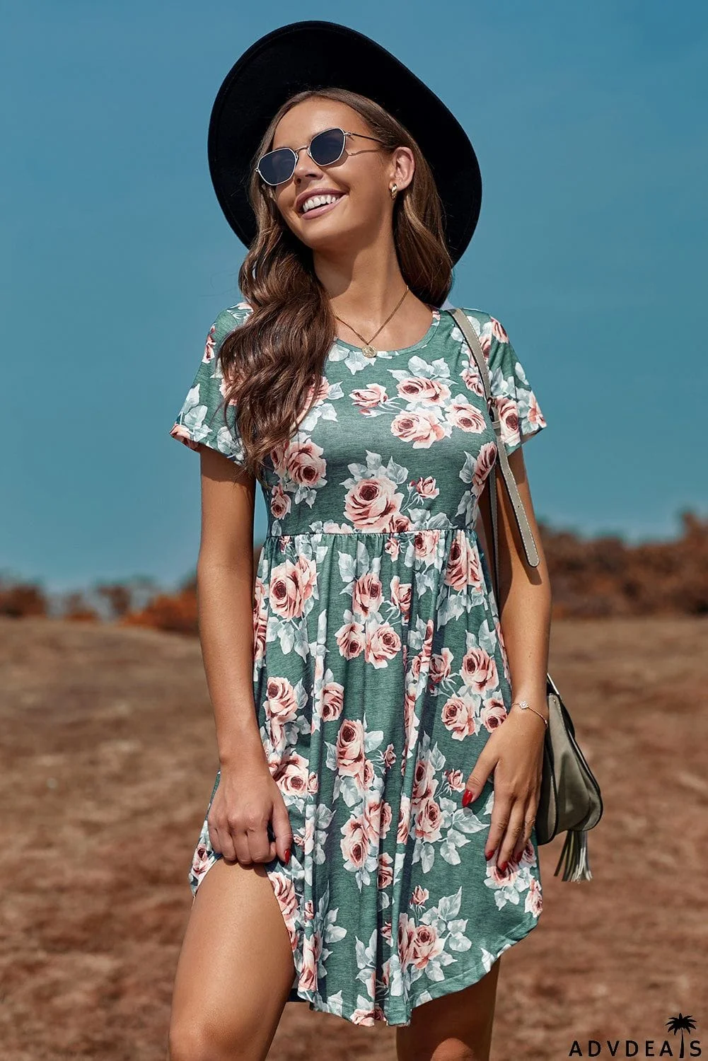 Floral Print Short Sleeve Pleated Mini Dress