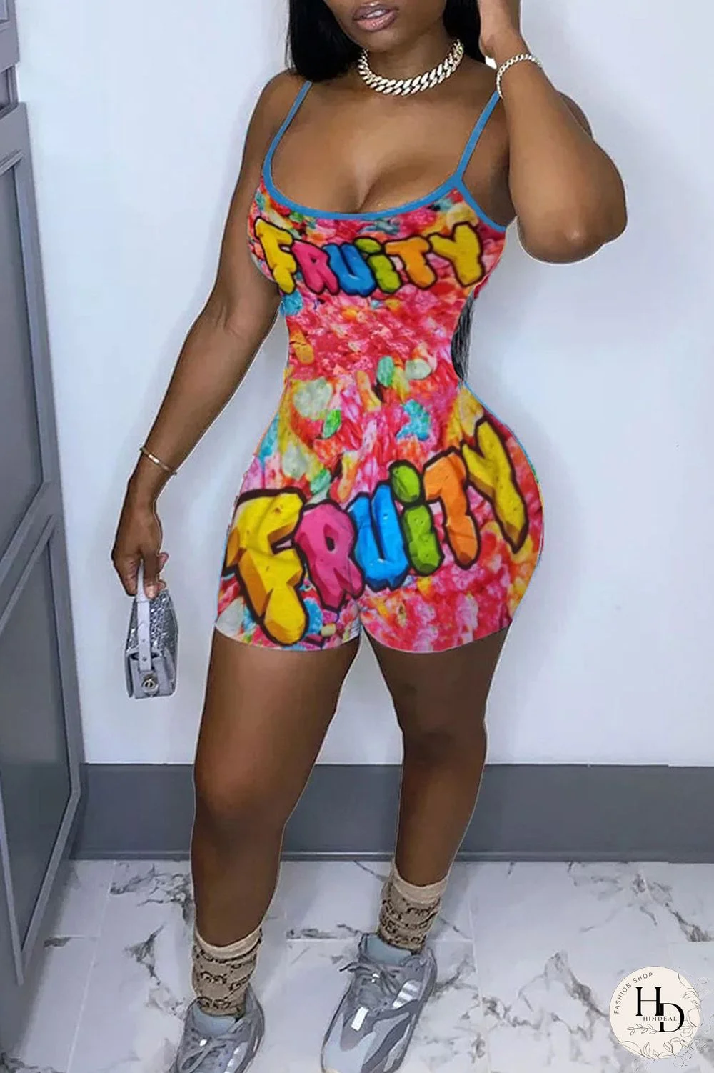 Yellow Sexy Print Split Joint Spaghetti Strap Regular Jumpsuits