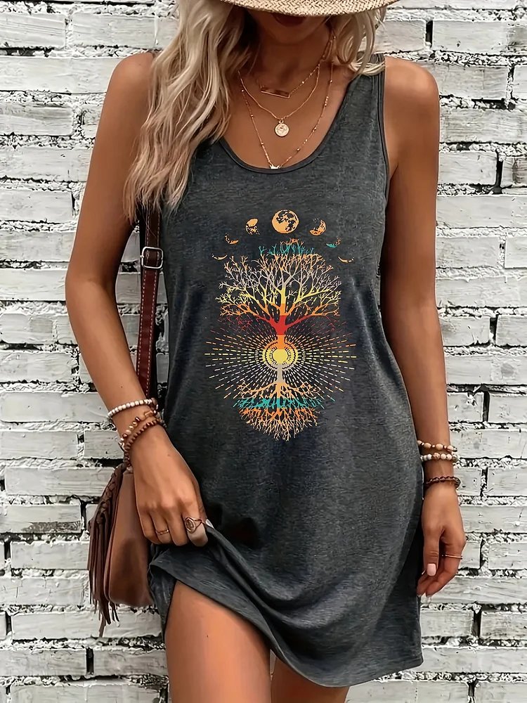 Women's Casual Sleeveless Dress With Celestial Moon & Stars Print, Soft Stretchy Fabric, Mid-Length Round Neck, Machine Washable, All-Season Versatile Wear, Versatile Fashion | Artistic Tree Design | Nontransparent Material, Stretch Sleeveless Dress