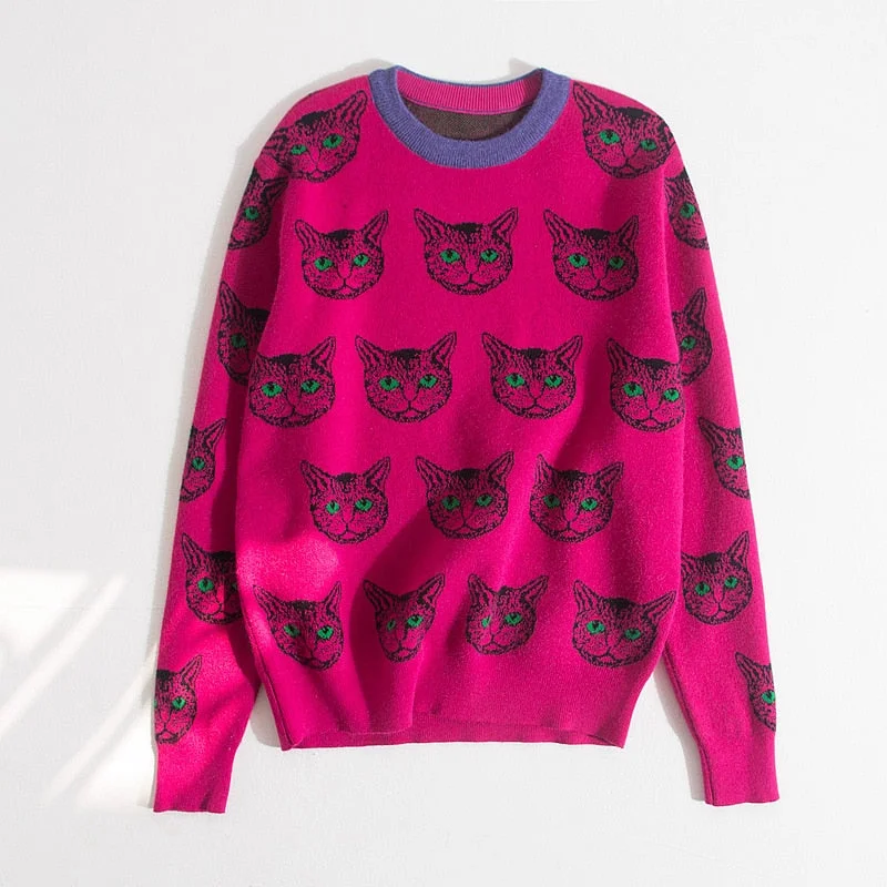 High Quality Runway Designer Cat Print Knitted Sweaters Pullovers Women Autumn Winter Long Sleeve Harajuku Sweet Jumper C-192