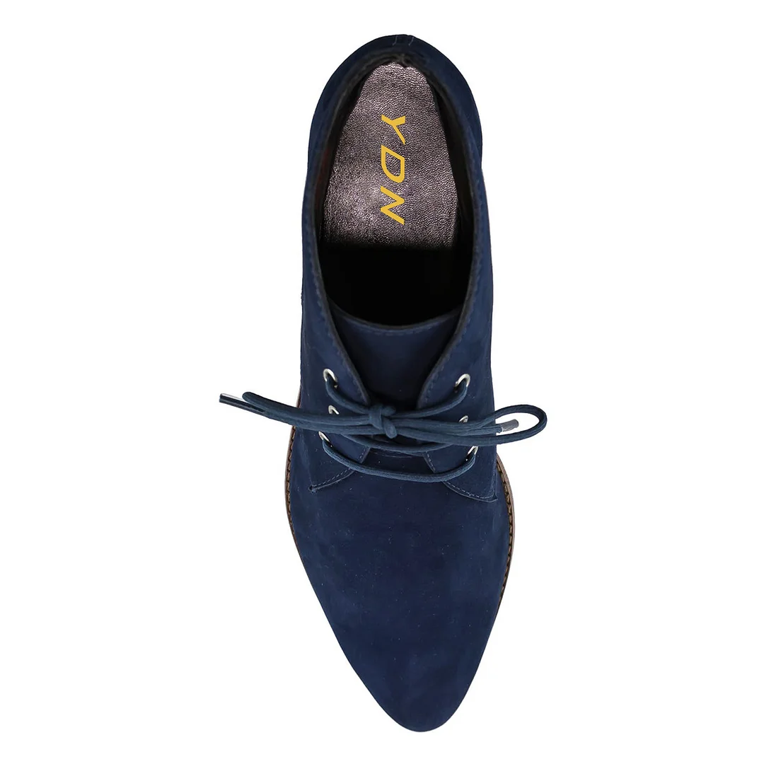 Navy Blue Faux Suede Almond Toe Lace-Up Oxford Shoes for Women