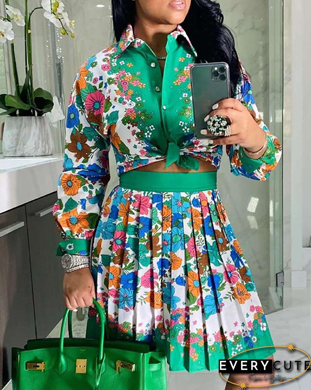 Floral / Paisley Scarf Print Button Design Top & Pleated Skirt Set