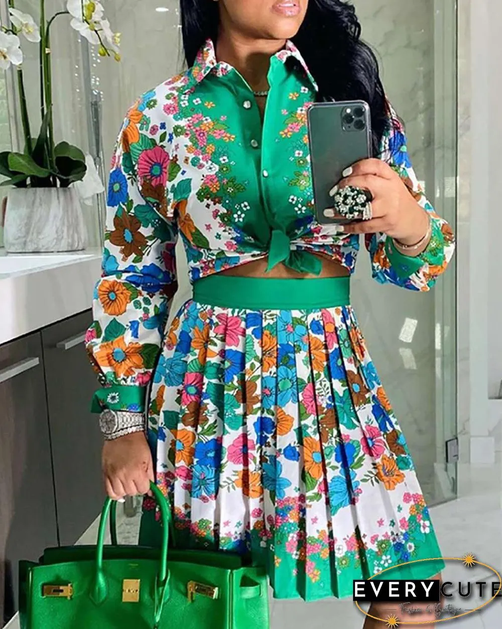 Floral / Paisley Scarf Print Button Design Top & Pleated Skirt Set