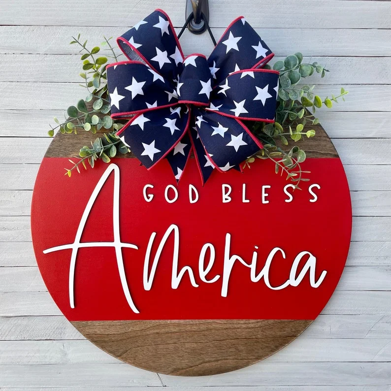 Front Door Decor God Bless America Door Hanger Welcome Wreath