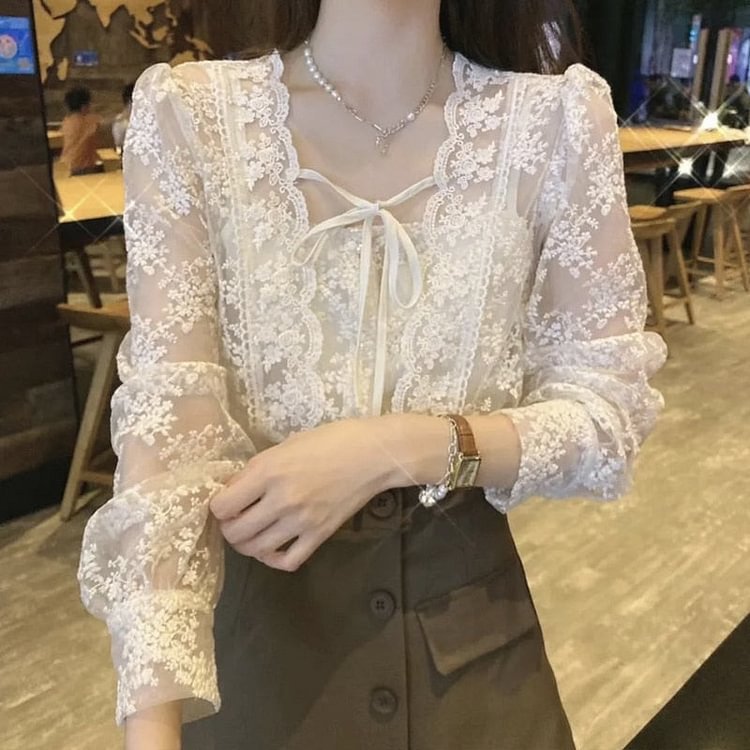 New French Square Collar Apricot White Lace Blouse Autumn Casual Loose Tops Sweet Puff Long Sleeve Lace-up Shirt Blusas 17442