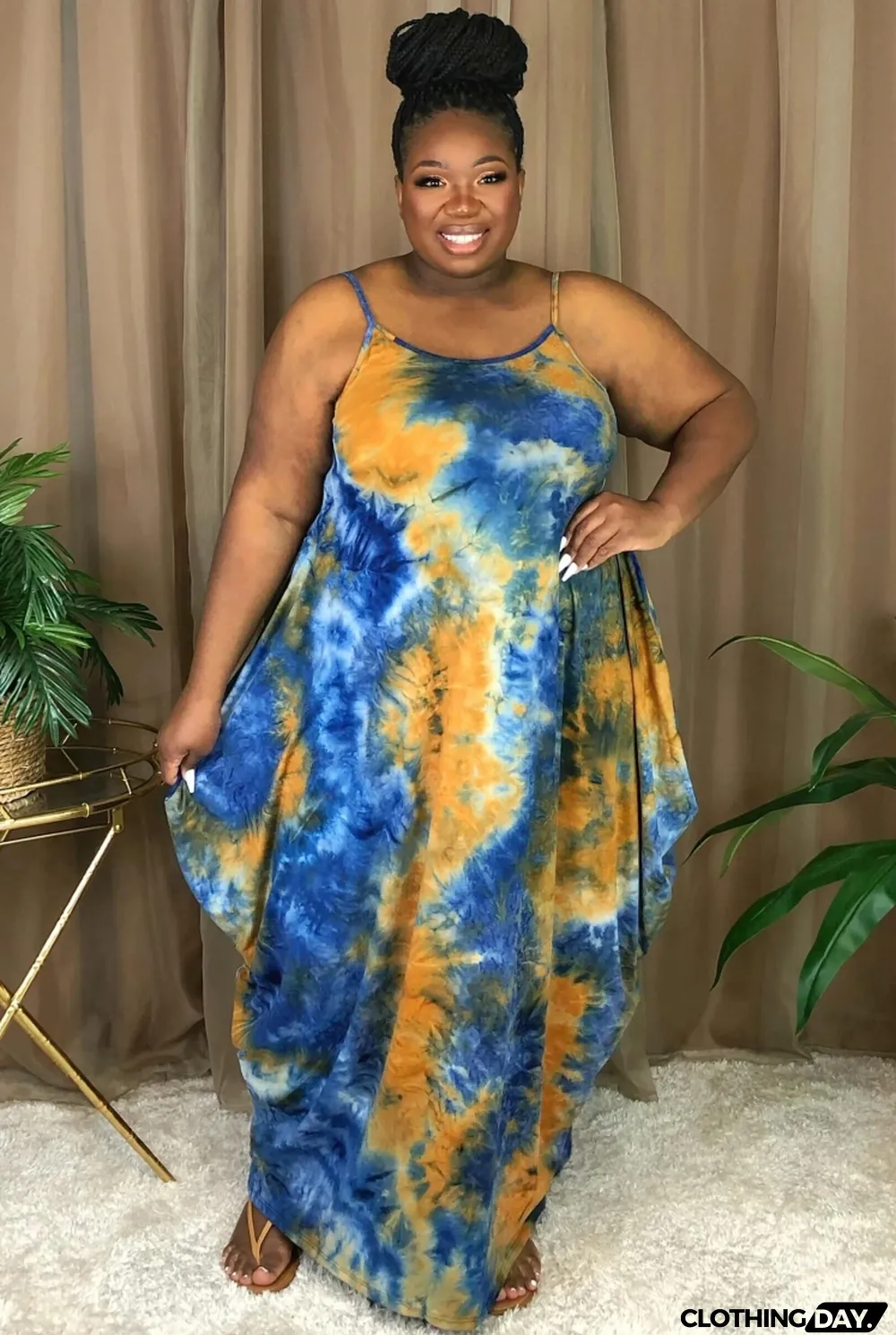 Summer Casual Plus Size Tie Dye Strap Loose Long Dress