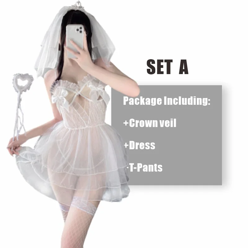 Billionm OJBK Women Lace Black Bridal Cosplay Costumes Party Wedding Veil Strappy Exotic Nightdress Mesh Hollow Gothic Princess Uniform