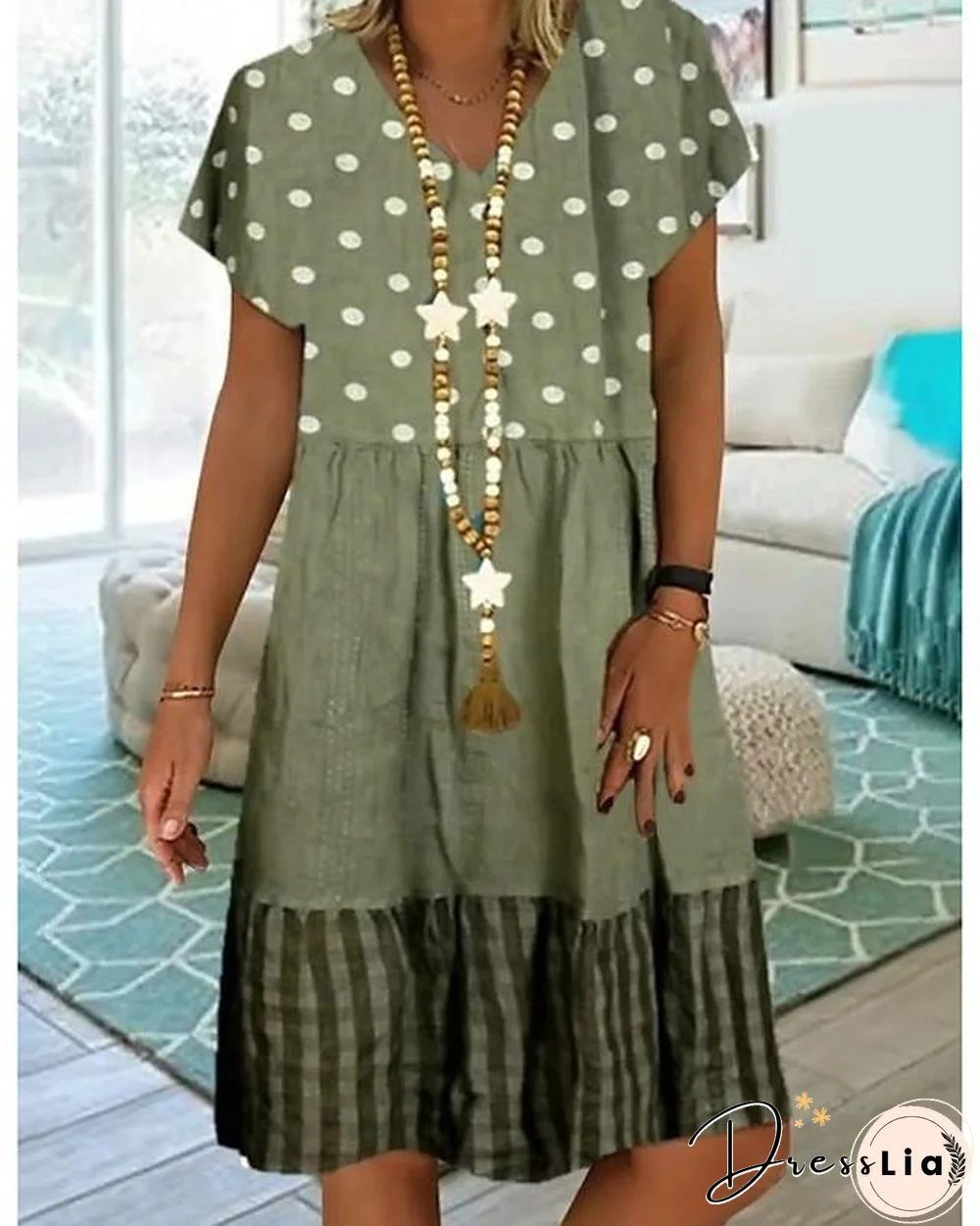 Women's Knee Length Dress - Short Sleeve Polka Dot Print Summer Plus Size Hot Casual Blue Khaki Green M L XL XXL 3XL 4XL 5XL