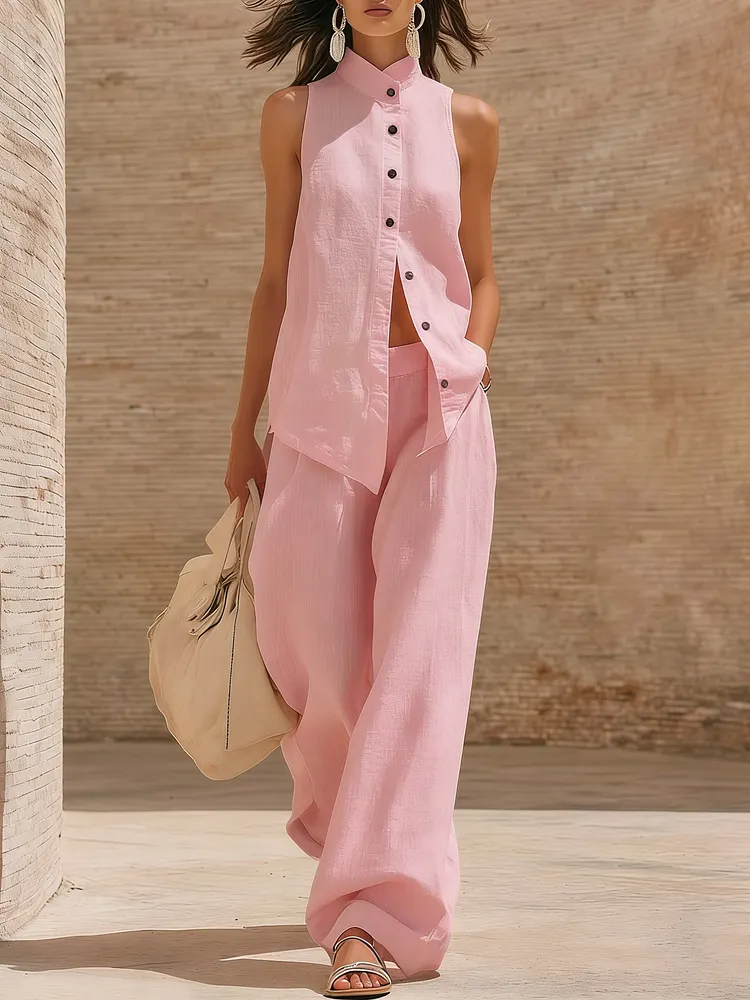 Retro Cozy Lace Top And Wide-leg Pants Linen Set