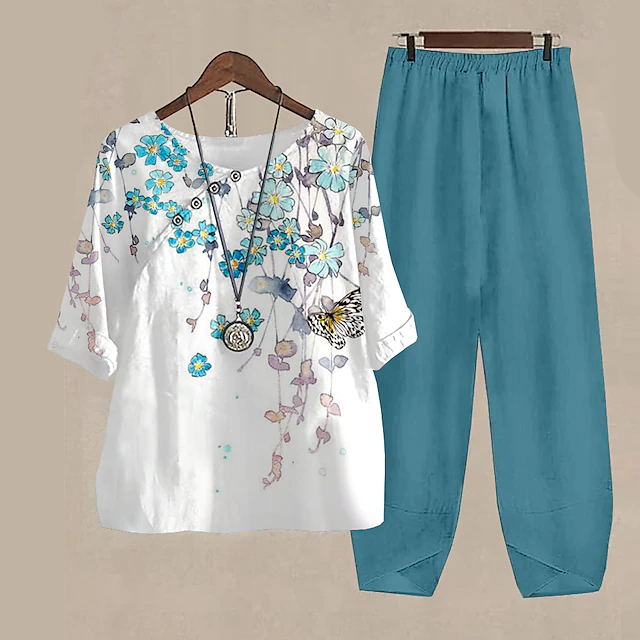 VChics Floral Print Crew Neck Top Pants Two-Piece Set