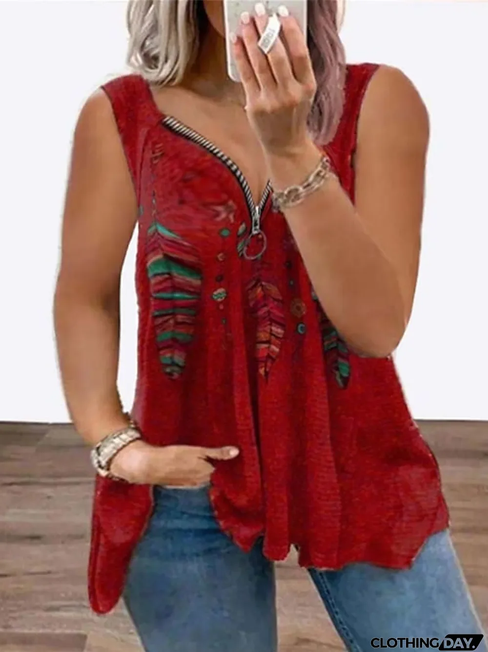 Women's Plus Size T shirt Tee Graphic Daily Going out Weekend Black Wine Purple Print Zipper Sleeveless Streetwear V Neck Regular Fit Summer Spring