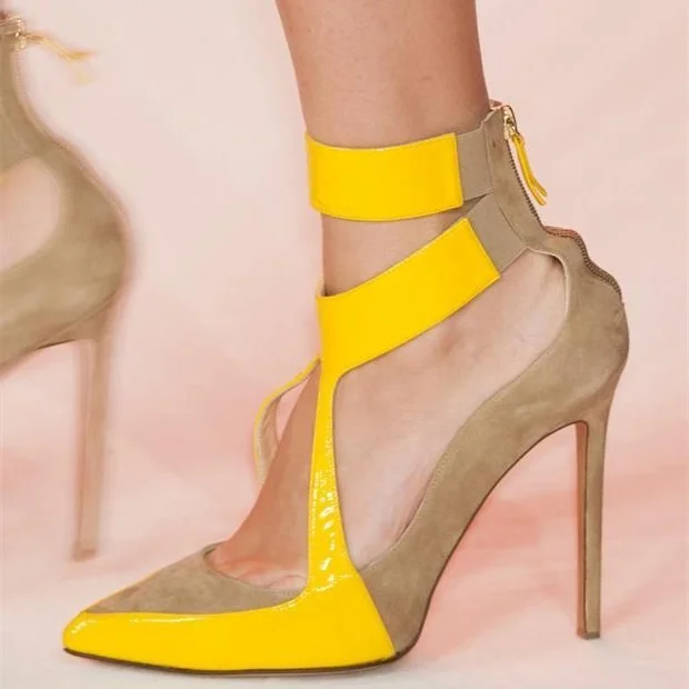 Yellow and Khaki Pointy Toe Stiletto Heels Office Shoes for Women |FSJ Shoes