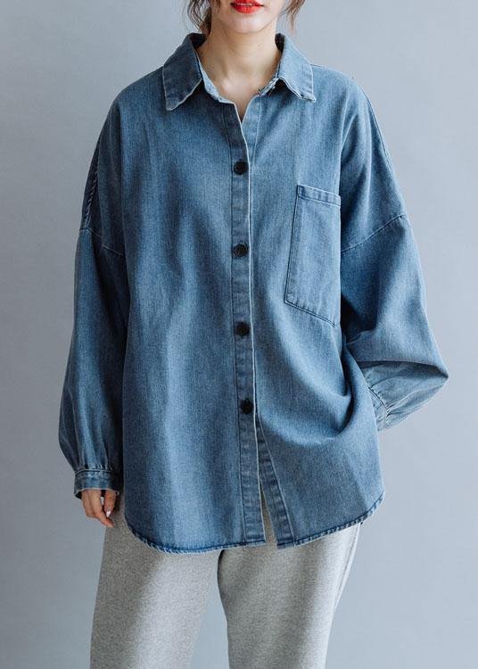 French low high design cotton shirts women pattern denim blue blouse fall