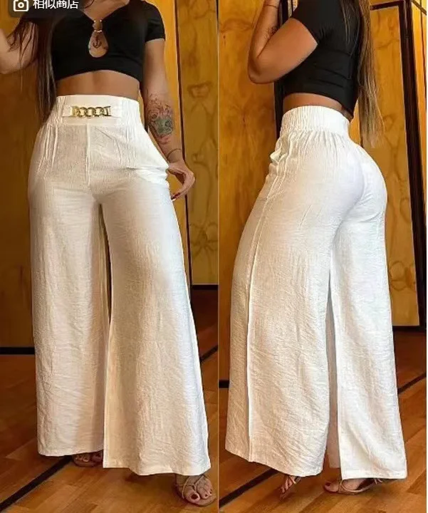 Mongw Mongw Solid Color Wide Leg High Waist Trousers Loose Show Thin Metal Bell-Bottom Trousers Can Be Colored