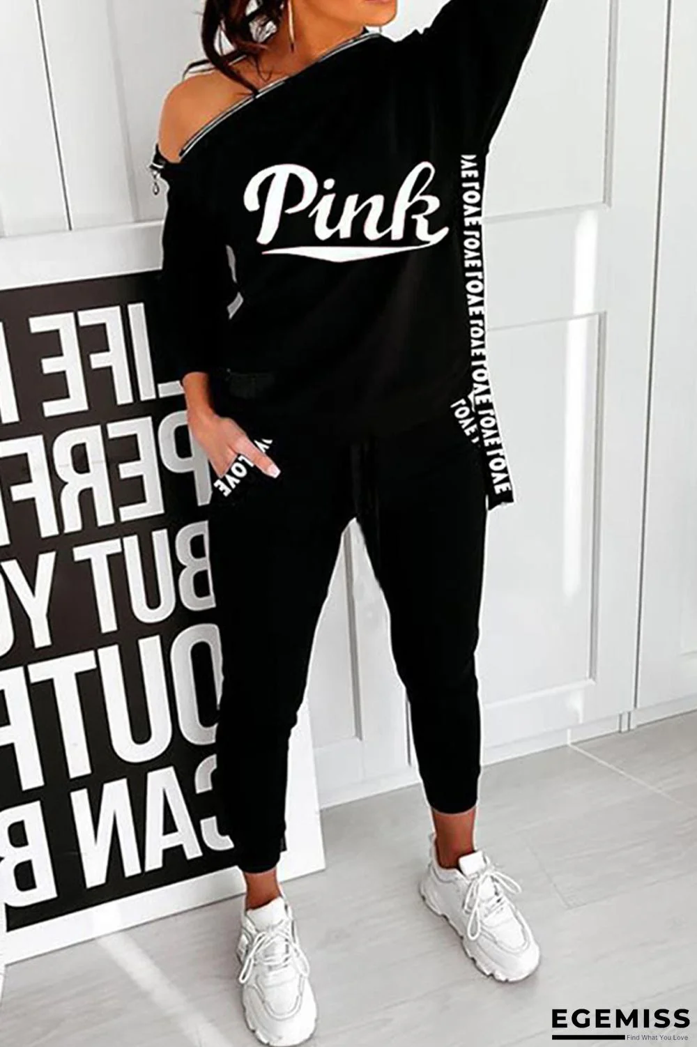 Black Fashion Casual Letter Print Patchwork Hooded Collar Long Sleeve Two Pieces | EGEMISS