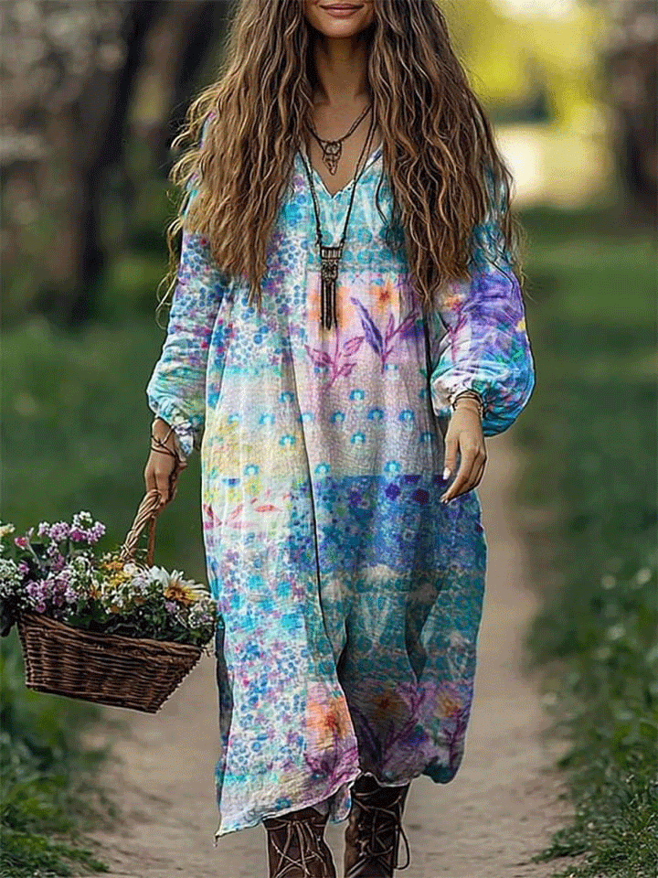 Women's Floral Patchwork Art Print Loose V Neck Pocket Cotton Dress