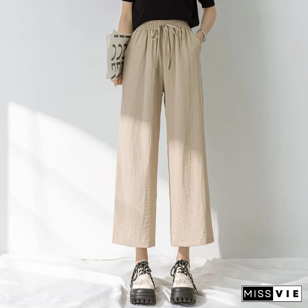 Chic Streetwear Women Y2k Cotton Linen Wide Leg Pants Summer Elastic Waist Ankle-length Pants Lace Up Harajuku Casual Pants