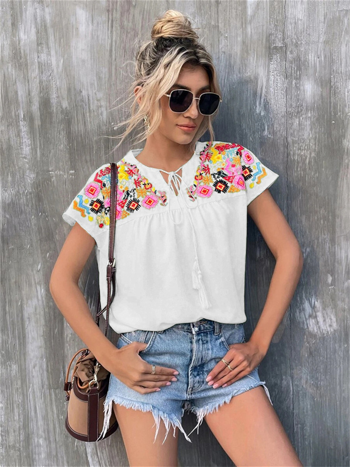 Summer New Embroidered Tassel Tie Bat Wing Sleeve Shirt Blouse Ladies White Green Black S M L XL 2XL