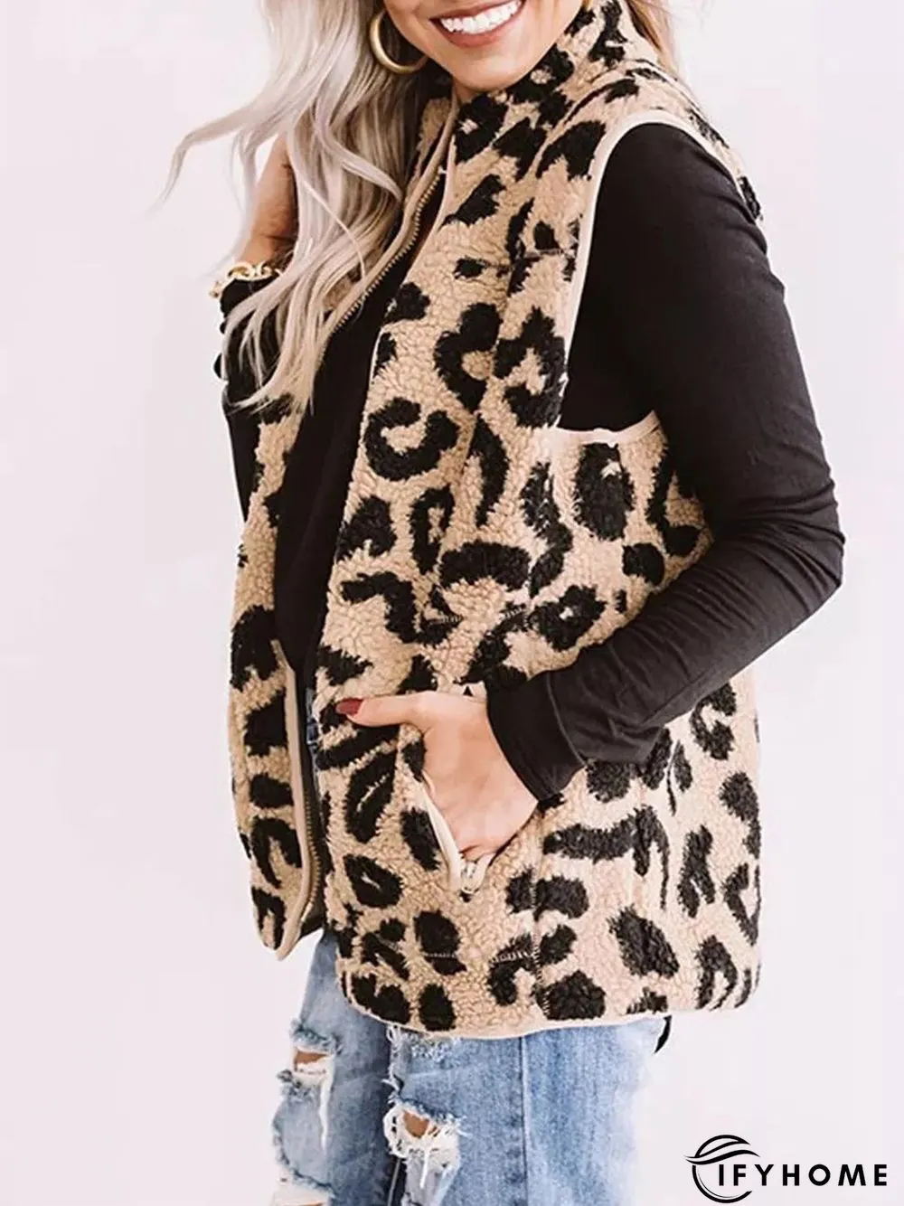 Leopard Pockets Stand Collar Leopard Vintage Jacket | IFYHOME