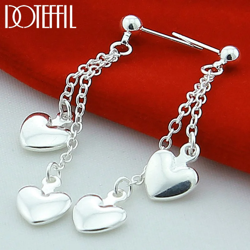 DOTEFFIL 925 Sterling Silver Solid Heart Drop Earrings For Woman Jewelry