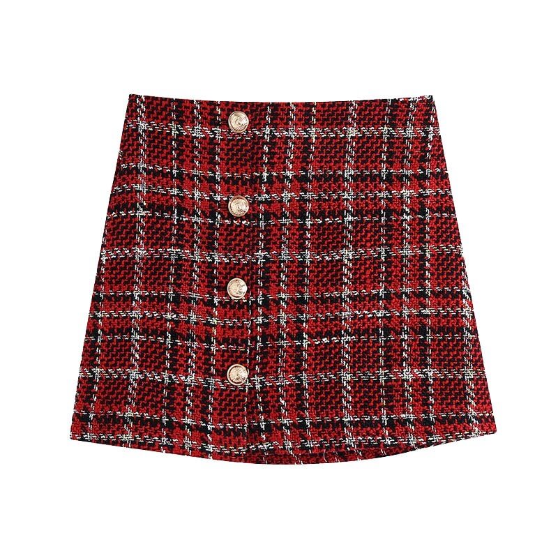 TRAF Women Fashion With Metal Buttons Tweed Check Mini Skirt Vintage A Line High Waist Female Skirts Mujer