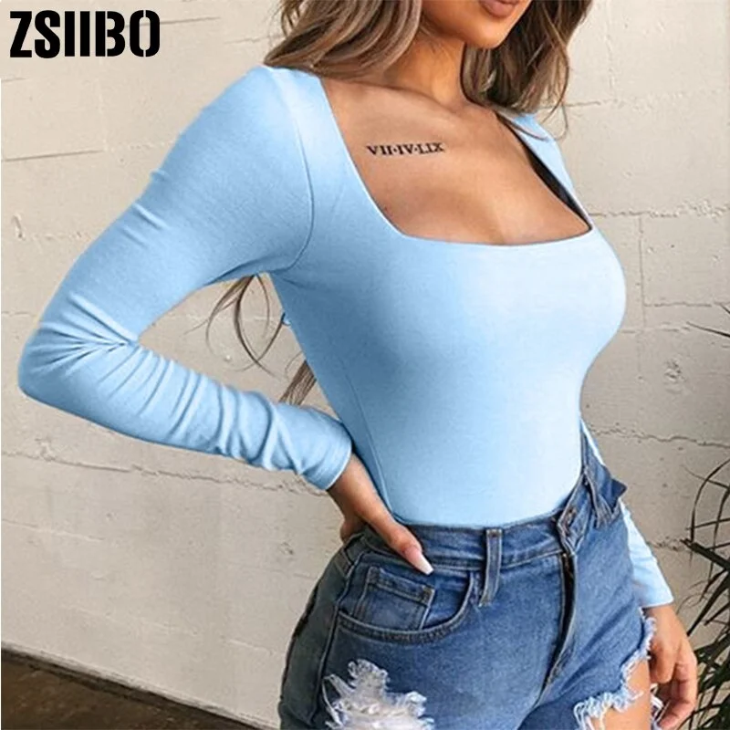 Bodysuit Long Sleeve Women Body streetwear dropshipping Forefair Sexy Bodycon Square Neck Sheath Crotch Basic Black Overalls Top