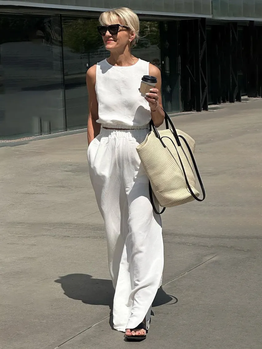 Churchf Churchf And Linen Suit Summer 2024 Short Style Sleeveless Elastic Waist Top Trousers Slit Two-Piece Suit