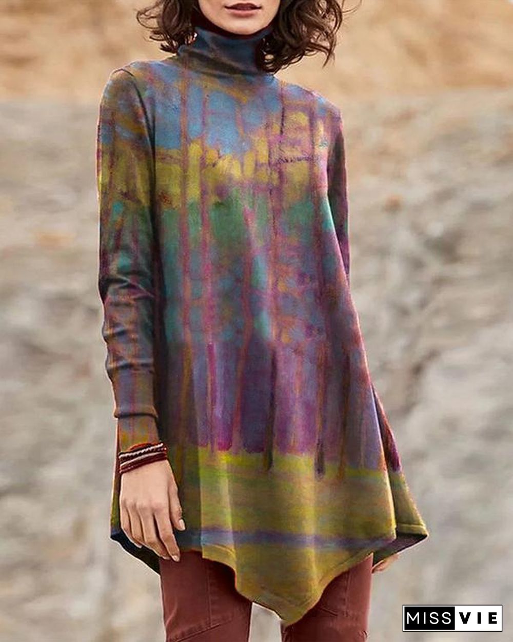 Vintage High Neck Oil Painting Print Irregular Long T-shirt for Women