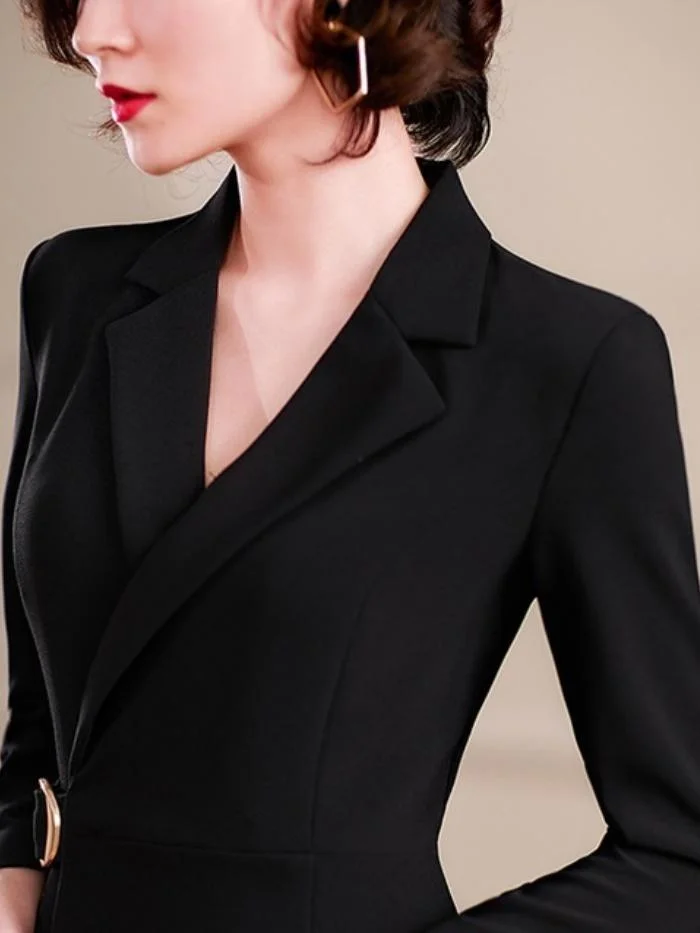 Elegant long-sleeved professional mid-length bag hip dress